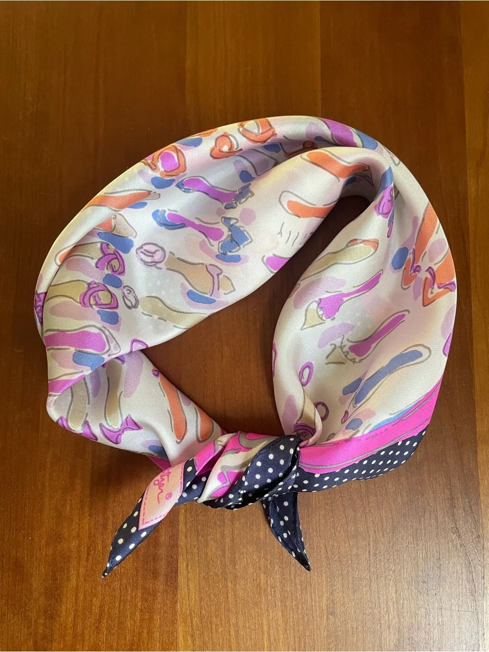 Lilly Pulitzer Vintage Shoe Print Square Silk Scarf Pink Navy Polka Dots EUC 18”